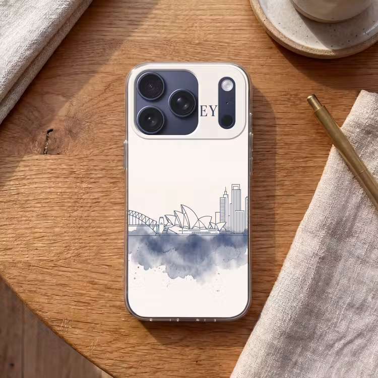 Stad - Skyline - Architectuur - Minimalistisch - Blauw Telefoonhoesje iPhone 17 Pro klein -sfeer1