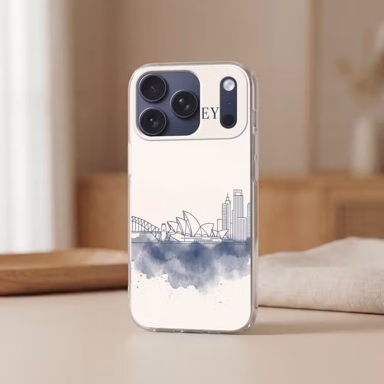 Stad - Skyline - Architectuur - Minimalistisch - Blauw Telefoonhoesje iPhone 17 Pro klein -sfeer2