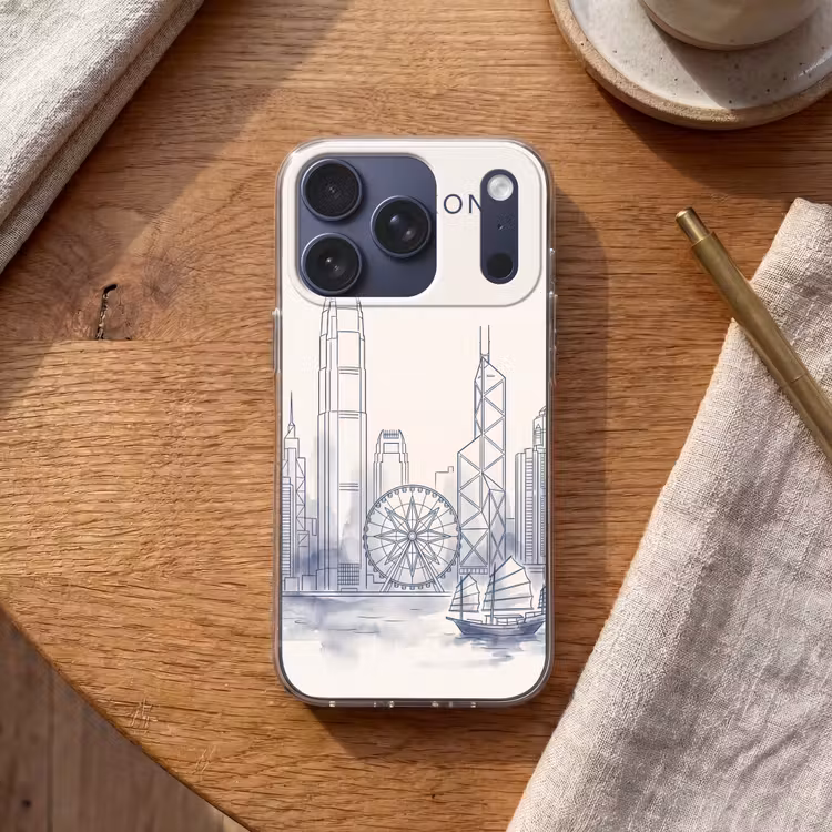 Stad - Skyline - Water - Lijntekening - Blauw Telefoonhoesje iPhone 17 Pro klein -sfeer1