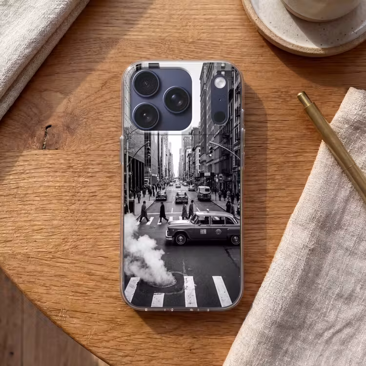 Stad - Straat - Gebouwen - Verkeer - Zwart-wit Telefoonhoesje iPhone 17 Pro klein -sfeer1