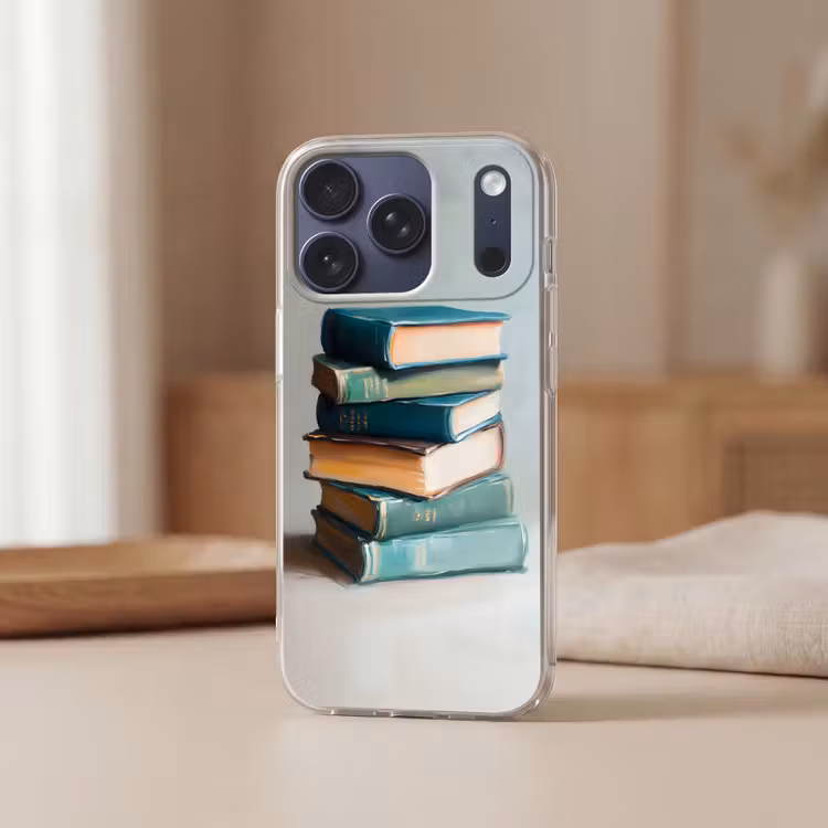Stapel - Boeken - Groen - Daglicht Telefoonhoesje iPhone 17 Pro klein -sfeer2