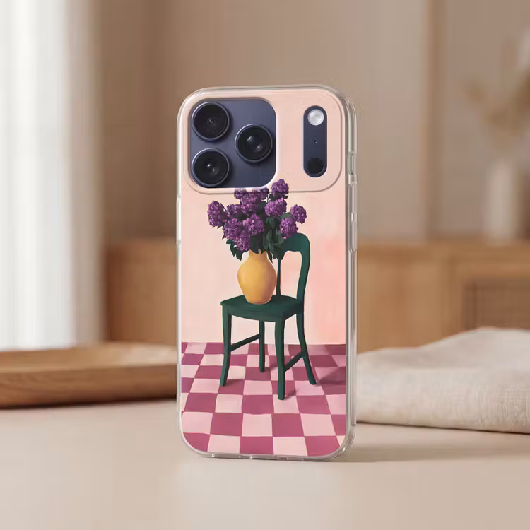 Stoel - Vaas - Bloemen - Geblokt Telefoonhoesje iPhone 17 Pro klein -sfeer2