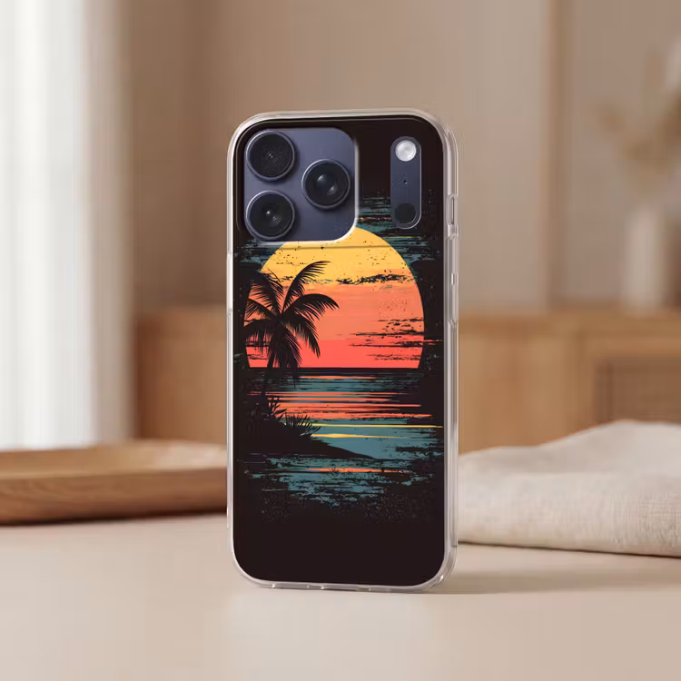 Strand - Minimalistisch - Zon - Oranje Telefoonhoesje iPhone 17 Pro klein -sfeer2