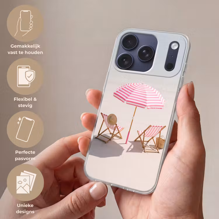 Strand - Parasol - Ligstoel - Zomer - Roze Telefoonhoesje iPhone 17 Pro klein -sfeer3_NL