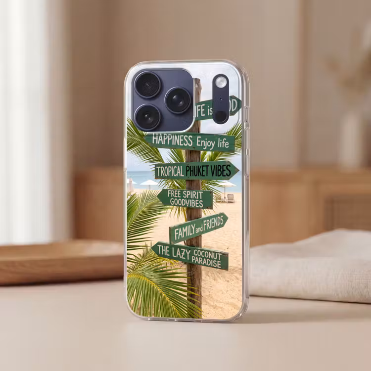 Strand - Wegwijzer - Palmen - Tropisch - Groen Telefoonhoesje iPhone 17 Pro klein -sfeer2