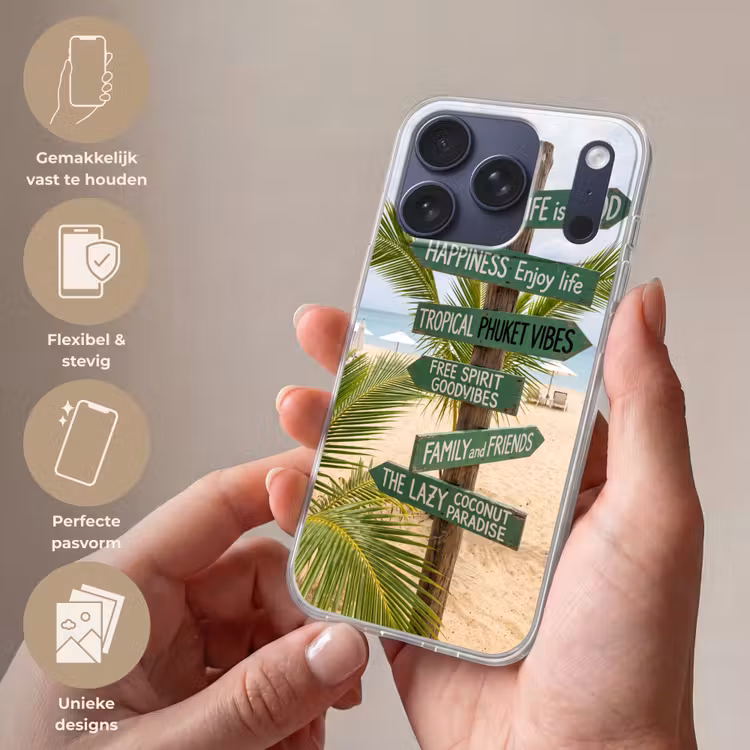 Strand - Wegwijzer - Palmen - Tropisch - Groen Telefoonhoesje iPhone 17 Pro klein -sfeer3_NL
