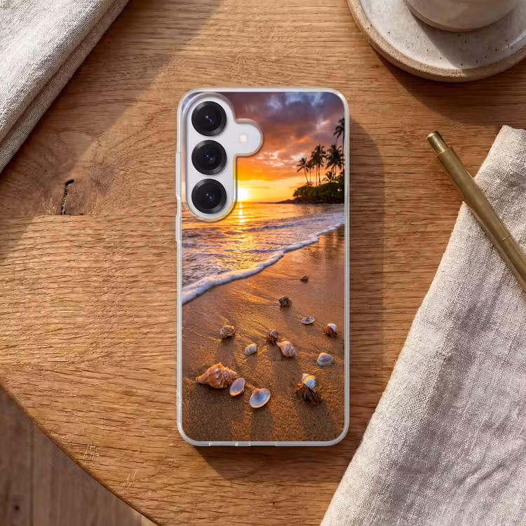Strand - Zonsondergang - Palmbomen - Natuur - Oranje Telefoonhoesje Samsung Galaxy S26 klein -sfeer1