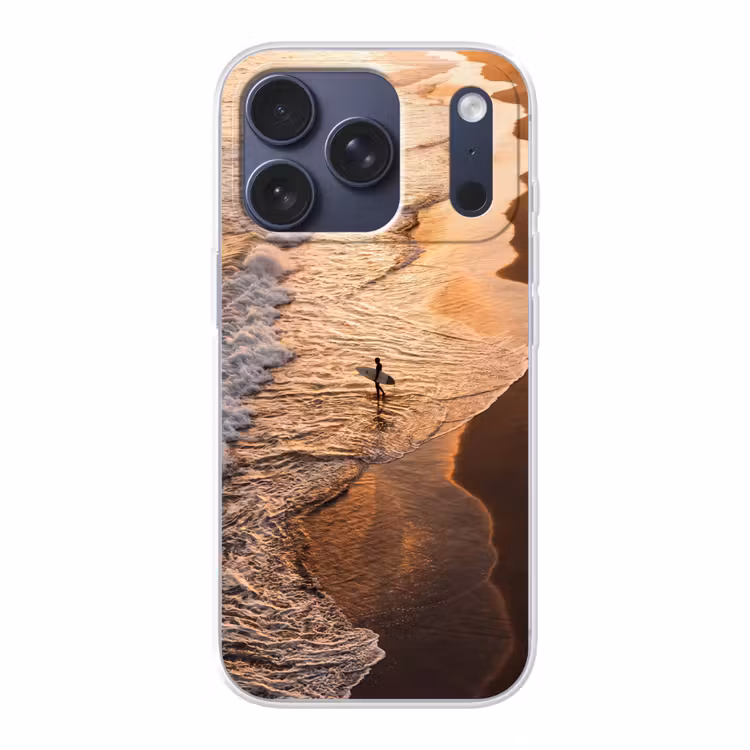 Surfer - Strand - Zonsondergang - Oceaan - Goud Telefoonhoesje iPhone 17 Pro klein -3d