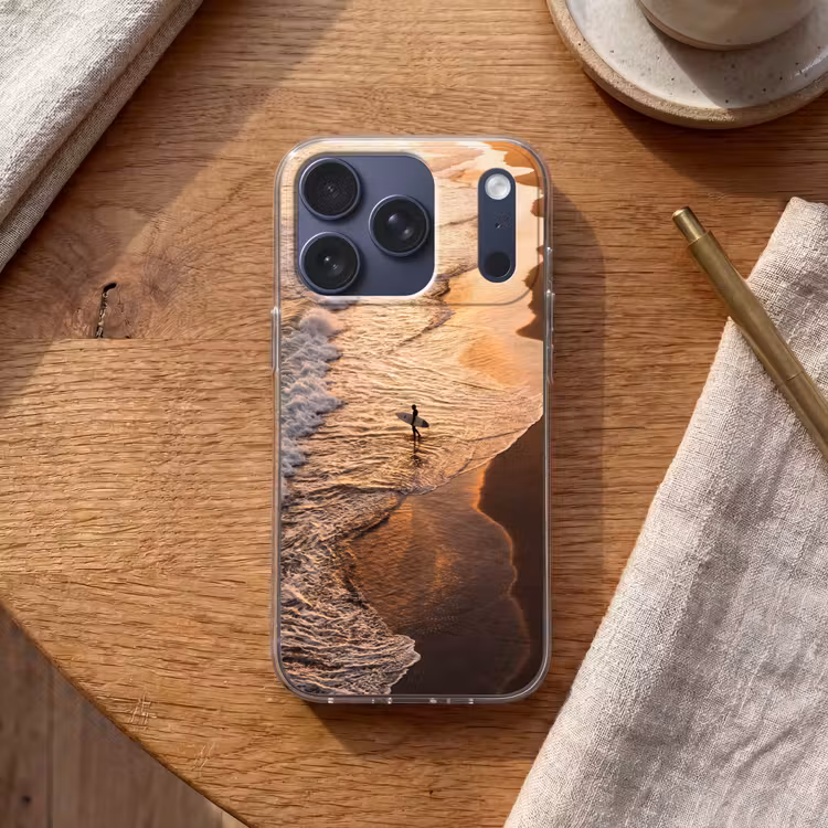 Surfer - Strand - Zonsondergang - Oceaan - Goud Telefoonhoesje iPhone 17 Pro klein -sfeer1