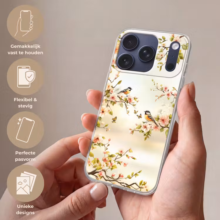 Takken - Bloemen - Vogeltjes - Roze Telefoonhoesje iPhone 17 Pro klein -sfeer3_NL