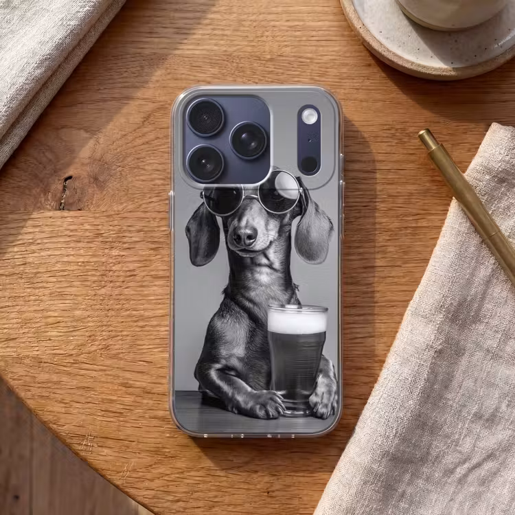 Teckel - Bier - Glas - Bril Telefoonhoesje iPhone 17 Pro klein -sfeer1