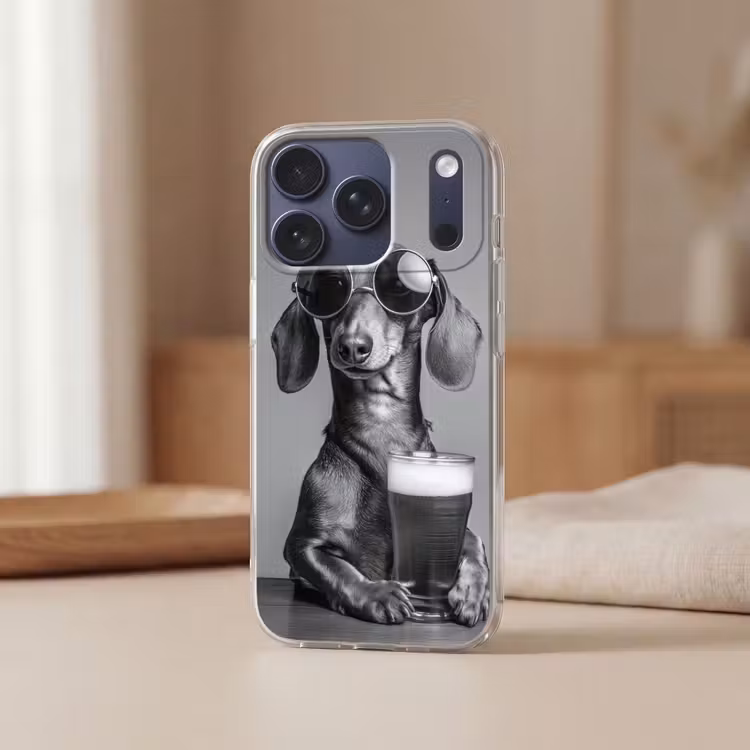 Teckel - Bier - Glas - Bril Telefoonhoesje iPhone 17 Pro klein -sfeer2