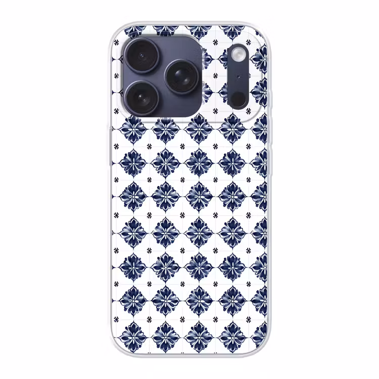 Tegelmotief - Blauw - Wit - Bloem Telefoonhoesje iPhone 17 Pro klein 878 -3d