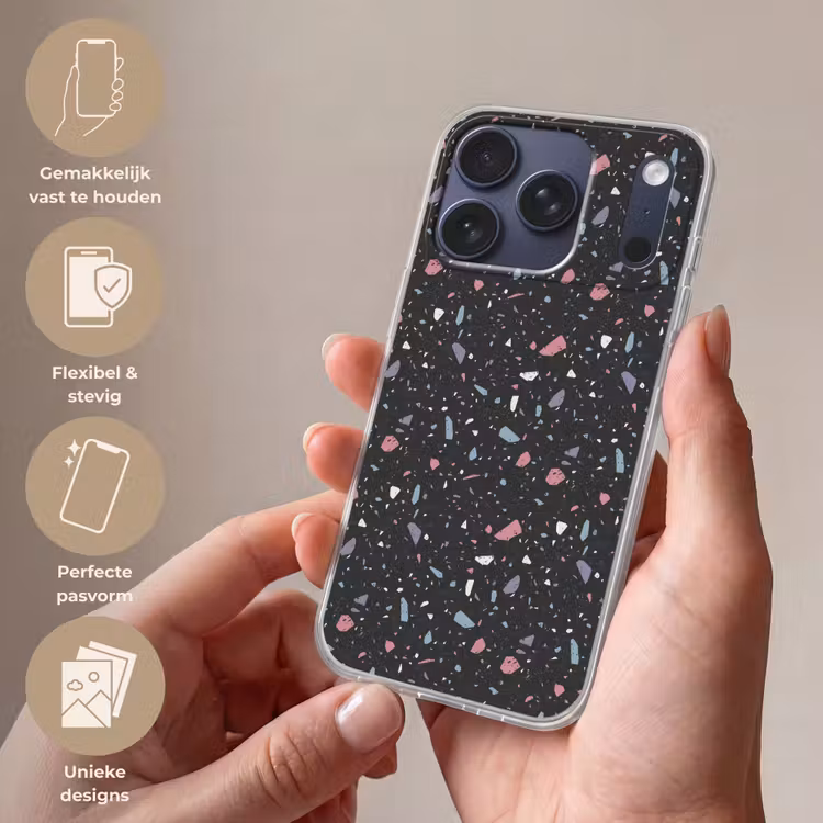 Terrazzo - Patroon - Zwart - Zacht Telefoonhoesje iPhone 17 Pro klein 878 -sfeer3_NL