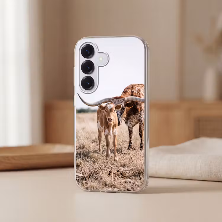 Texas Longhorn - Kalf - Weide - Dieren Telefoonhoesje Samsung Galaxy S26 klein -sfeer2