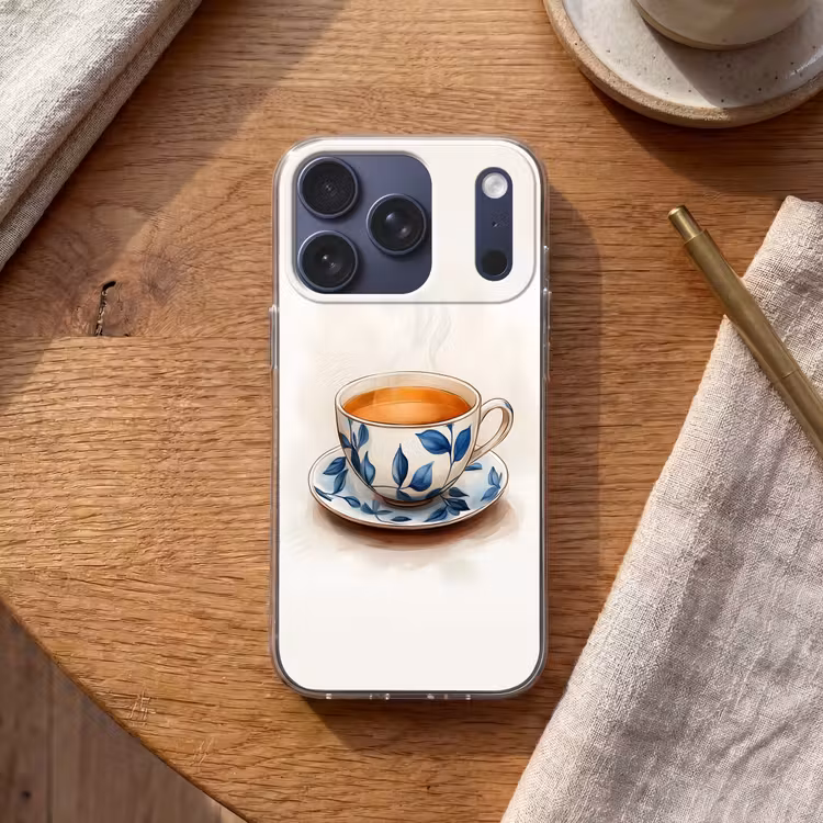 Theekop - Bladeren - Blauw Telefoonhoesje iPhone 17 Pro klein -sfeer1