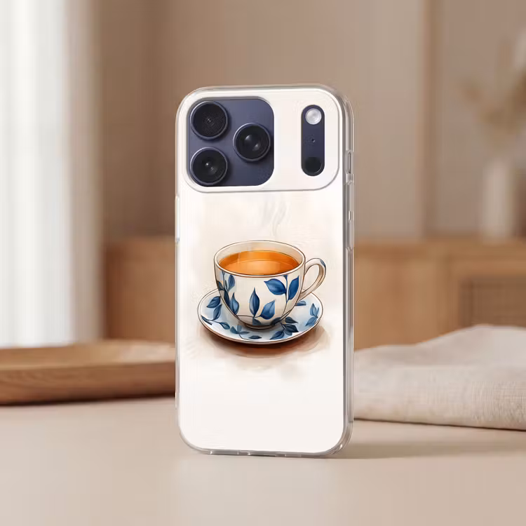 Theekop - Bladeren - Blauw Telefoonhoesje iPhone 17 Pro klein -sfeer2