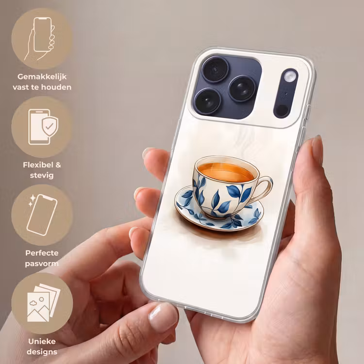 Theekop - Bladeren - Blauw Telefoonhoesje iPhone 17 Pro klein -sfeer3_NL
