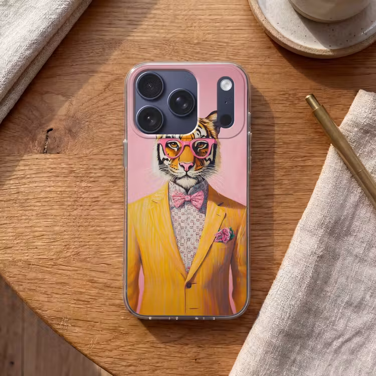 Tijger - Bril - Geel - Jasje Telefoonhoesje iPhone 17 Pro klein -sfeer1
