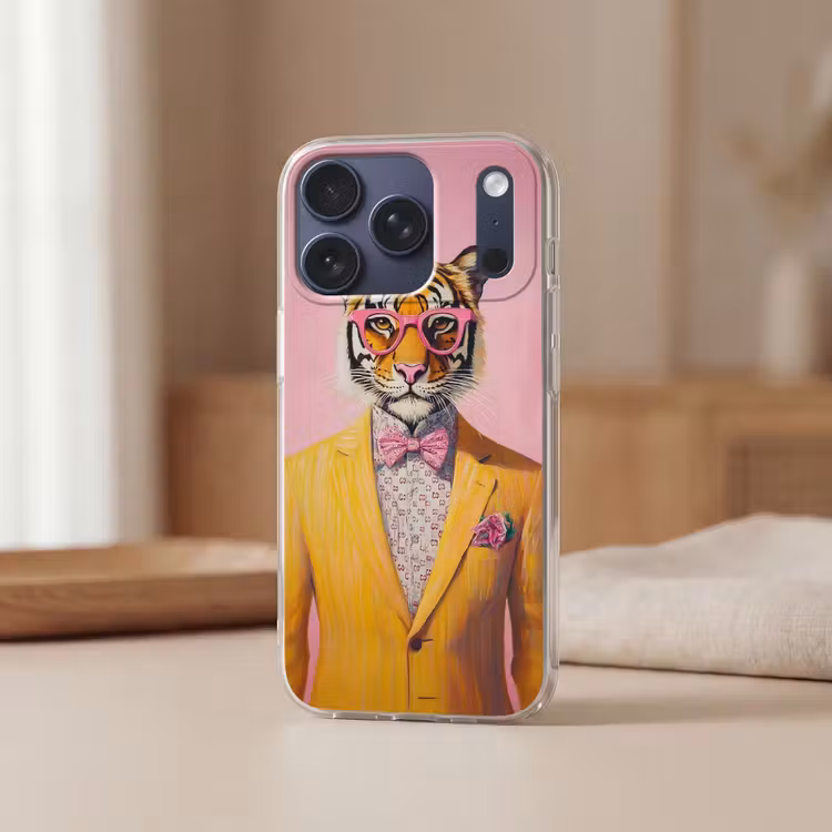 Tijger - Bril - Geel - Jasje Telefoonhoesje iPhone 17 Pro klein -sfeer2