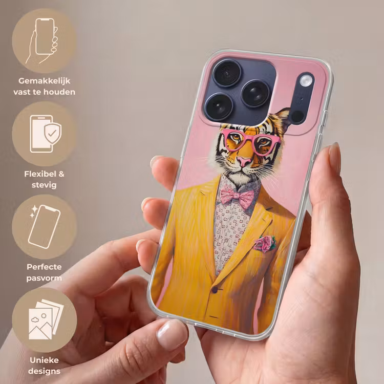 Tijger - Bril - Geel - Jasje Telefoonhoesje iPhone 17 Pro klein -sfeer3_NL