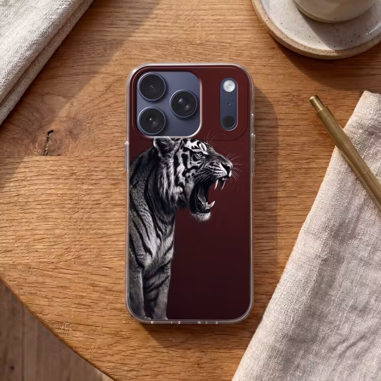 Tijger - Brult - Bordeaux Telefoonhoesje iPhone 17 Pro klein -sfeer1