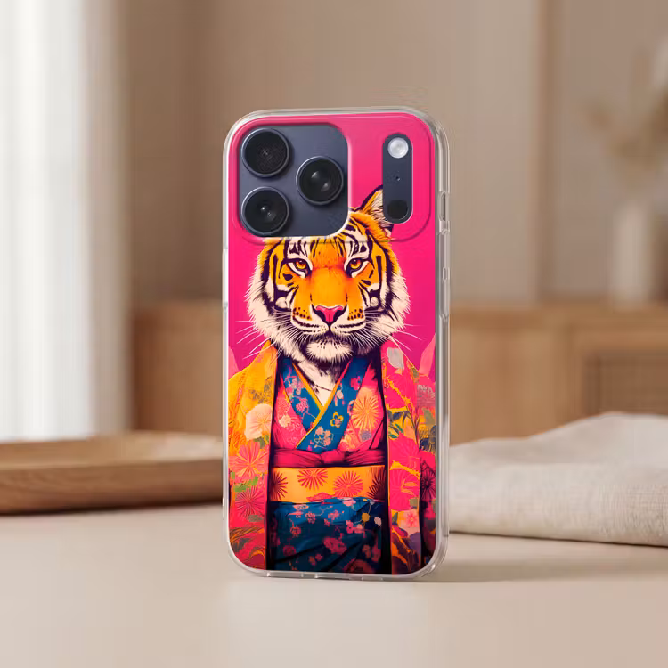 Tijger - Kimono - Planten - Roze Telefoonhoesje iPhone 17 Pro klein -sfeer2