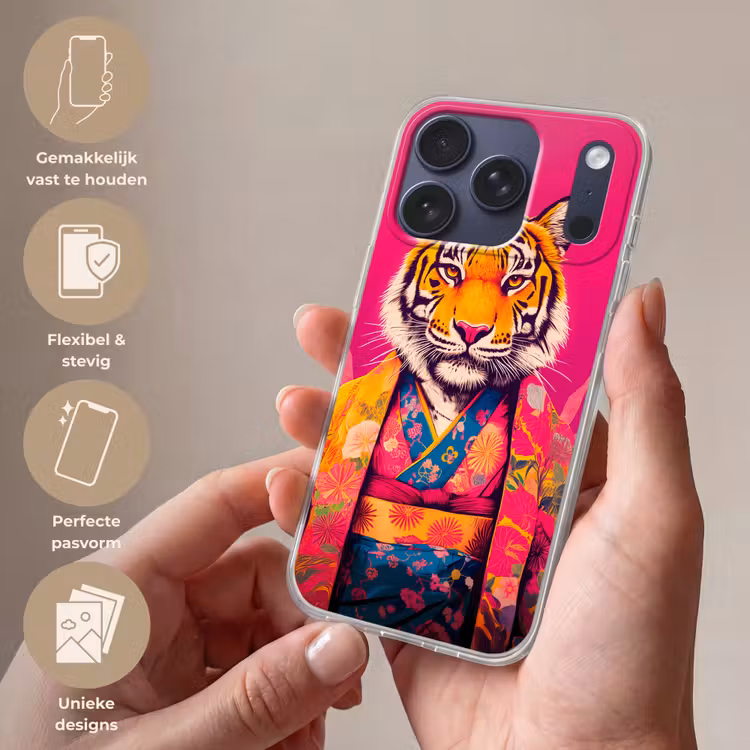 Tijger - Kimono - Planten - Roze Telefoonhoesje iPhone 17 Pro klein -sfeer3_NL