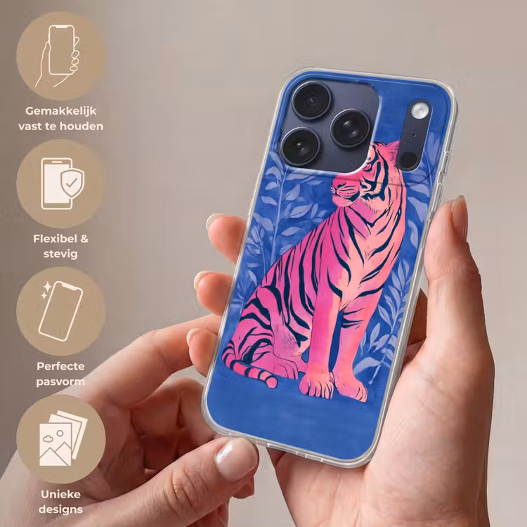 Tijger - Roze - Bladeren - Jungle Telefoonhoesje iPhone 17 Pro klein -sfeer3_NL