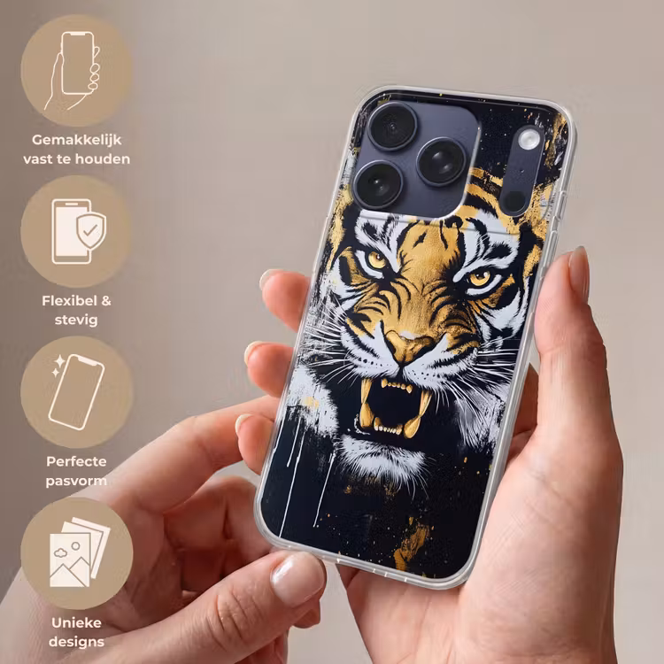 Tijger - Verfspatten - Goud Telefoonhoesje iPhone 17 Pro klein -sfeer3_NL