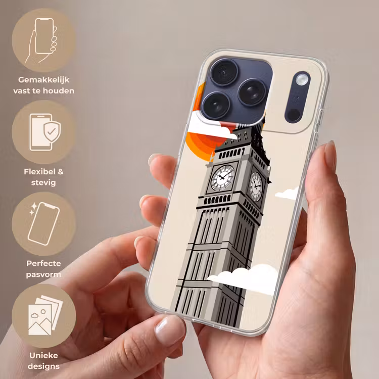 Toren - Klok - Londen - Architectuur - Retro Telefoonhoesje iPhone 17 Pro klein -sfeer3_NL