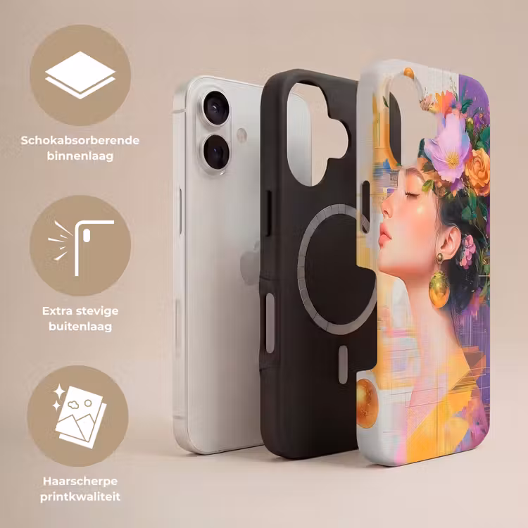 Abstract - Vrouw - Bloemenkroon - Goud Toughcase MagSafe Apple iPhone 17 klein -USP_Lagen_NL