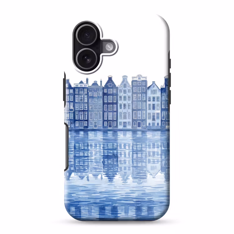 Aquarel - Grachtenpanden - Delfts - Blauw Toughcase MagSafe Apple iPhone 17 klein -3d