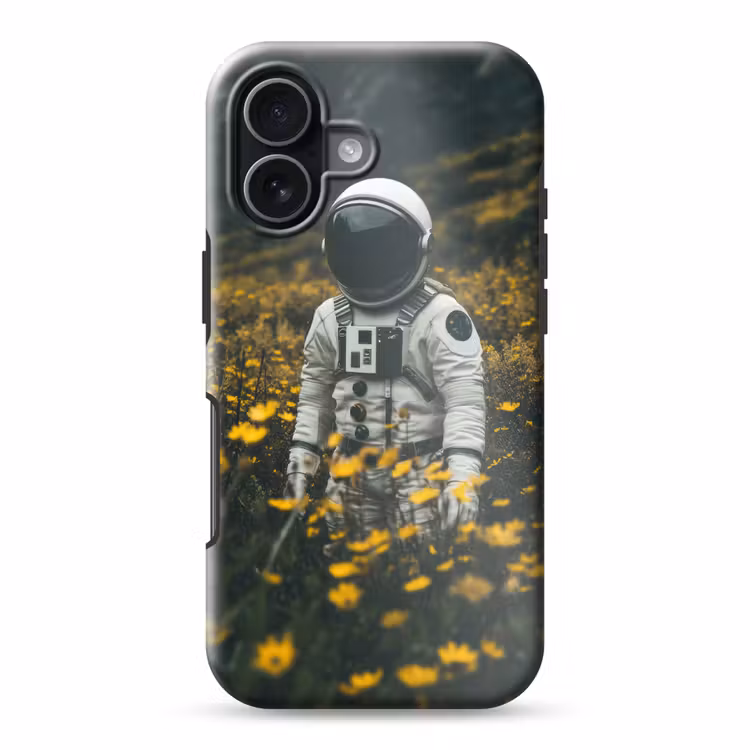 Astronaut - Bloemen - Veld - Geel Toughcase MagSafe Apple iPhone 17 klein -3d