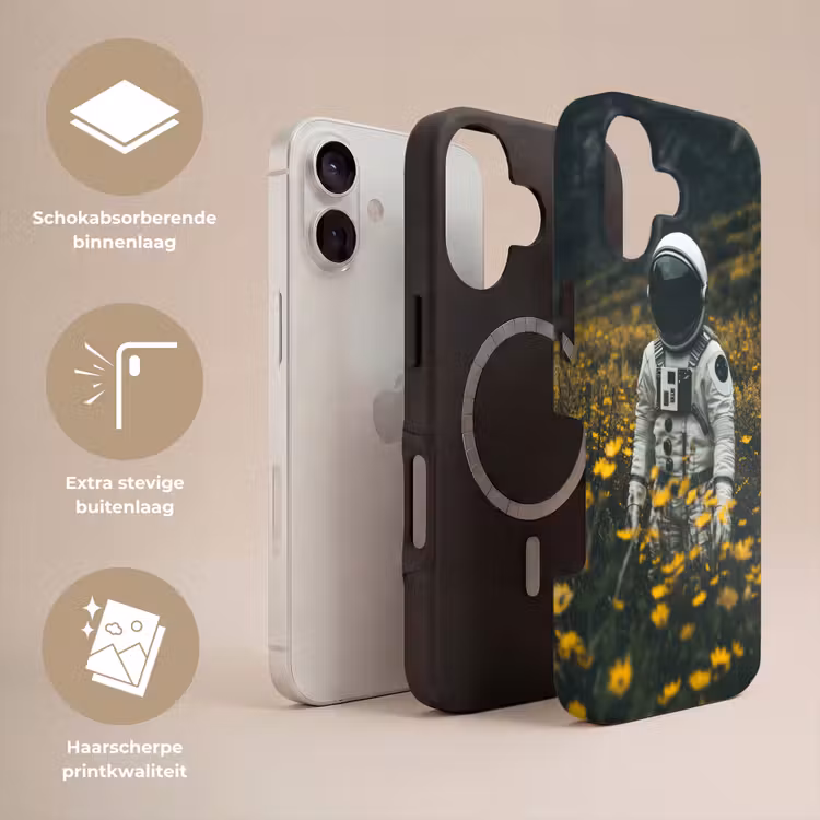 Astronaut - Bloemen - Veld - Geel Toughcase MagSafe Apple iPhone 17 klein -USP_Lagen_NL