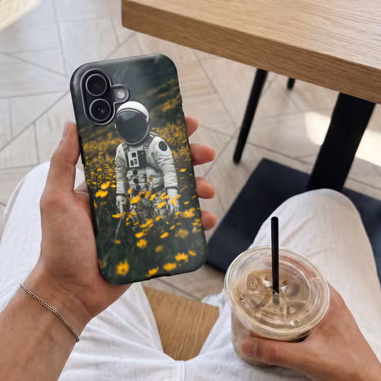 Astronaut - Bloemen - Veld - Geel Toughcase MagSafe Apple iPhone 17 klein -Sfeer1M