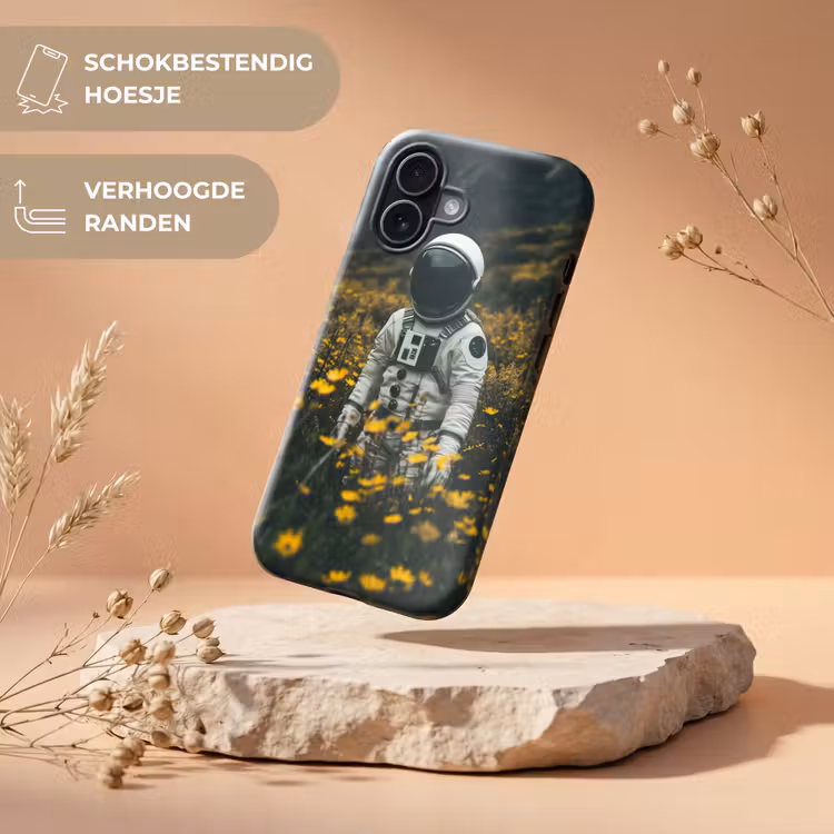 Astronaut - Bloemen - Veld - Geel Toughcase MagSafe Apple iPhone 17 klein -USP_RandenV_NL