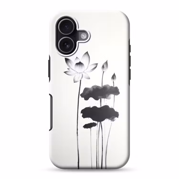 Bladeren - Zwart - Lotusbloem - Minimalitisch Toughcase MagSafe Apple iPhone 17 klein -3d