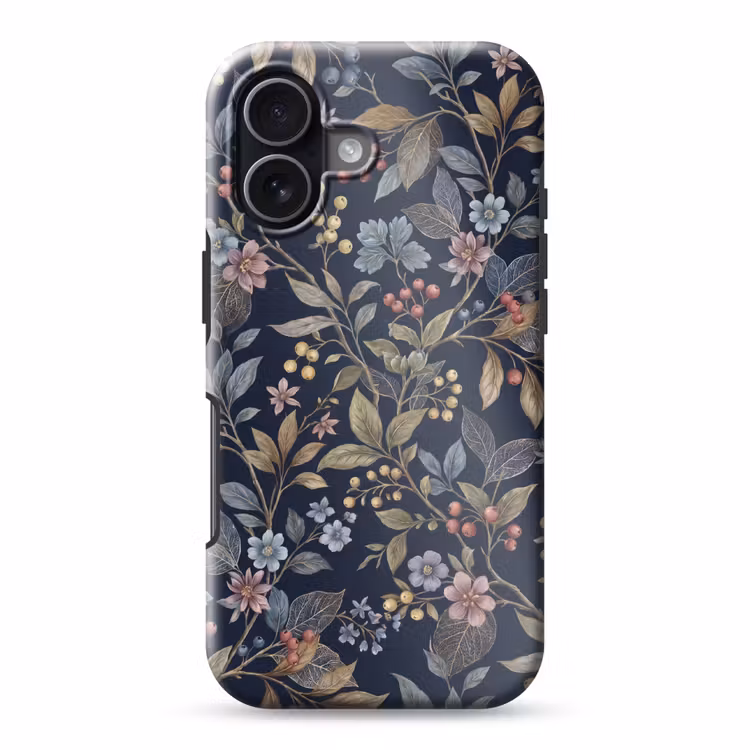 Bloemen - Bladeren - Patroon - Botanisch - Donkerblauw Toughcase MagSafe Apple iPhone 17 klein -3d