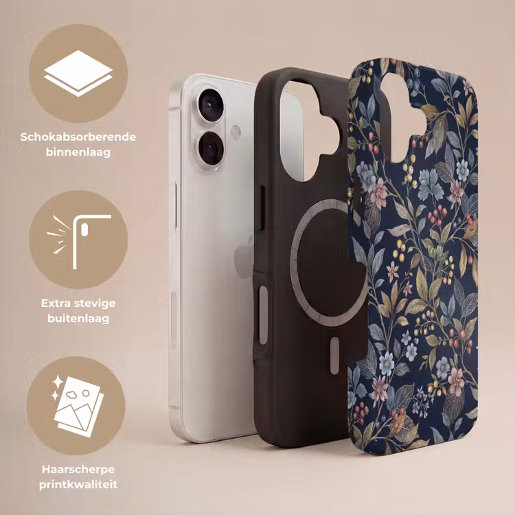 Bloemen - Bladeren - Patroon - Botanisch - Donkerblauw Toughcase MagSafe Apple iPhone 17 klein -USP_Lagen_NL