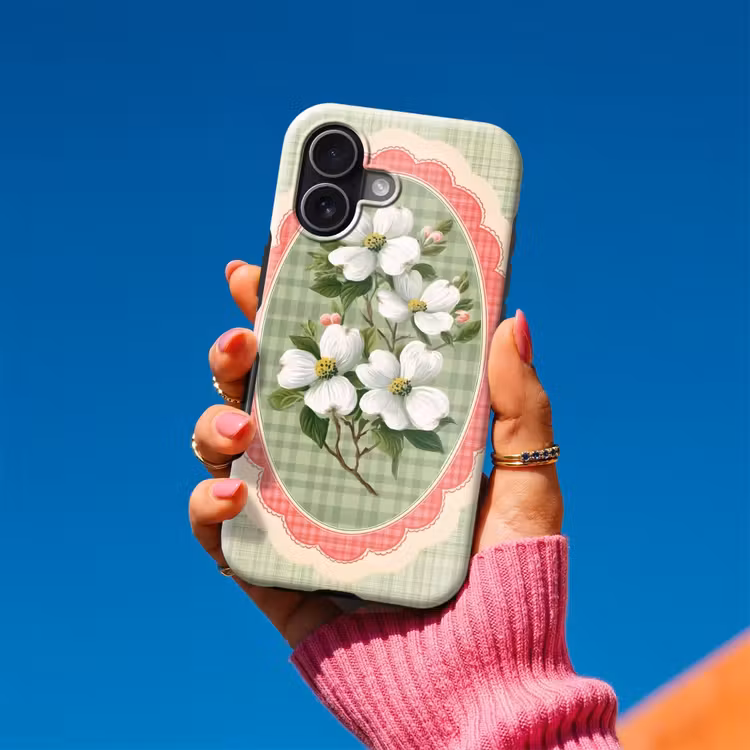 Bloemen - Illustratie - Geruit - Groen Toughcase MagSafe Apple iPhone 17 klein -Sfeer1V