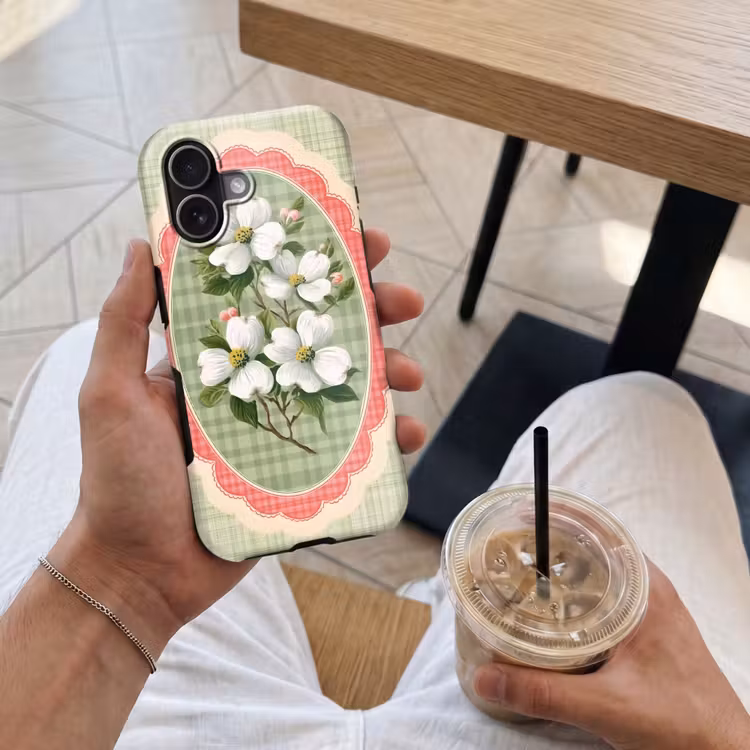 Bloemen - Illustratie - Geruit - Groen Toughcase MagSafe Apple iPhone 17 klein -Sfeer1M