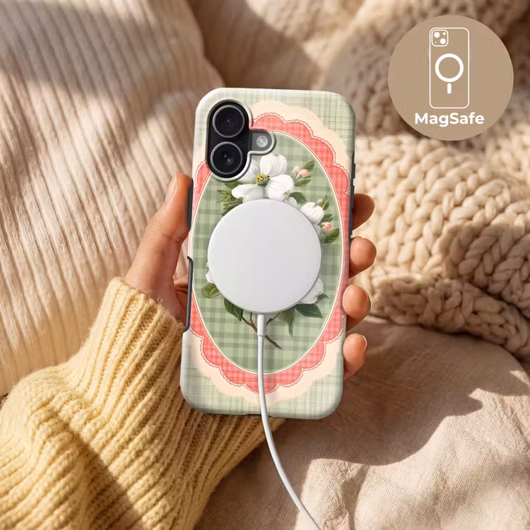 Bloemen - Illustratie - Geruit - Groen Toughcase MagSafe Apple iPhone 17 klein -USP_MagsafeV