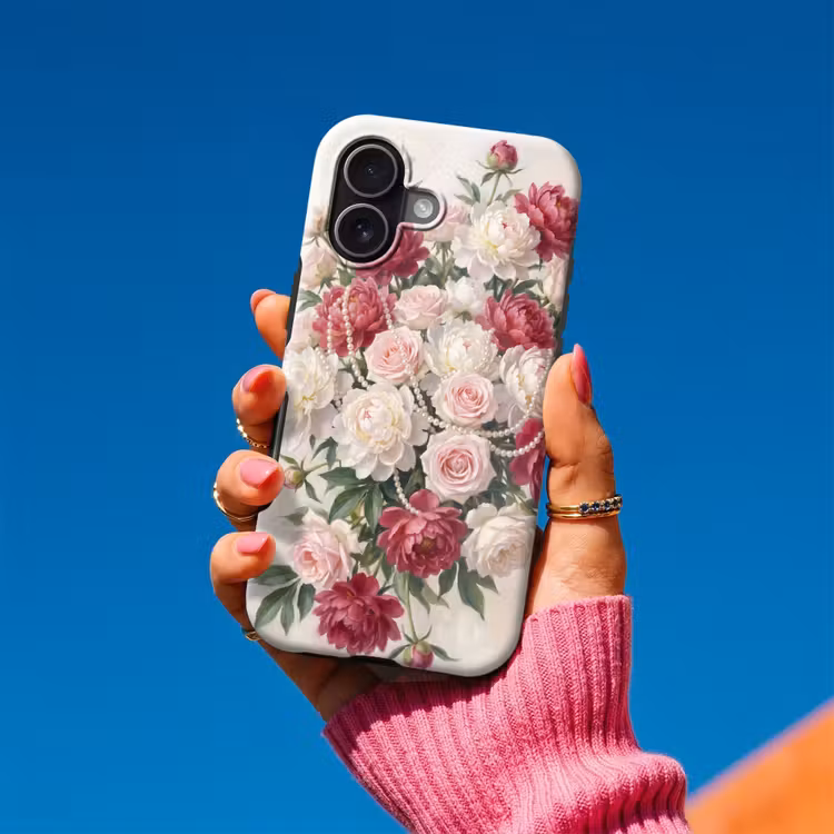 Bloemen - Parels - Romantiek - Klassiek - Roze Toughcase MagSafe Apple iPhone 17 klein -Sfeer1V