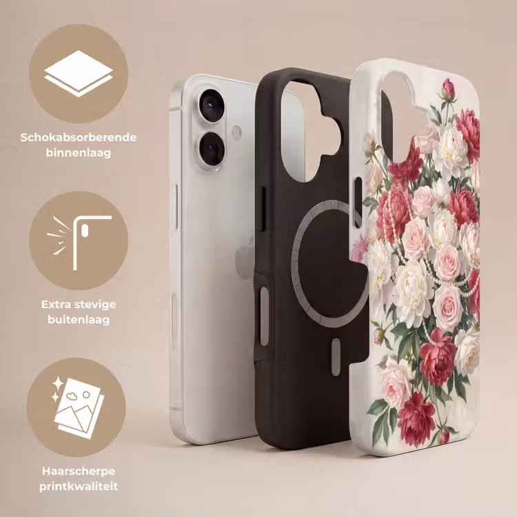 Bloemen - Parels - Romantiek - Klassiek - Roze Toughcase MagSafe Apple iPhone 17 klein -USP_Lagen_NL