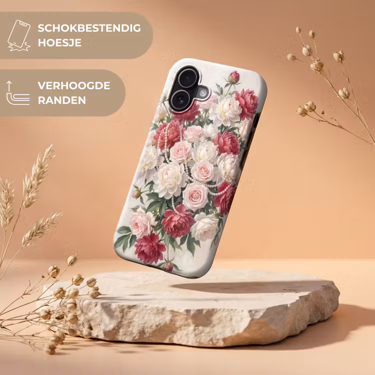 Bloemen - Parels - Romantiek - Klassiek - Roze Toughcase MagSafe Apple iPhone 17 klein -USP_RandenV_NL