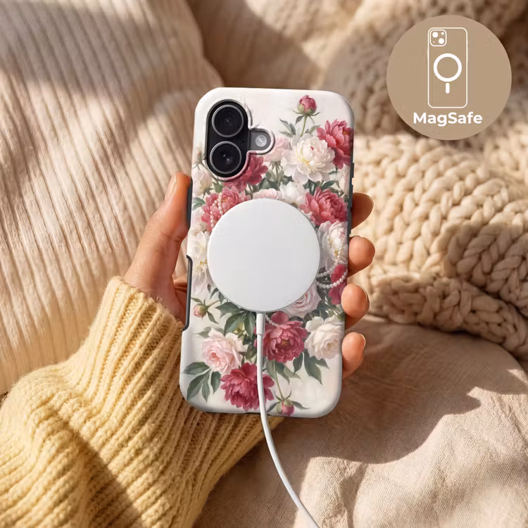 Bloemen - Parels - Romantiek - Klassiek - Roze Toughcase MagSafe Apple iPhone 17 klein -USP_MagsafeV