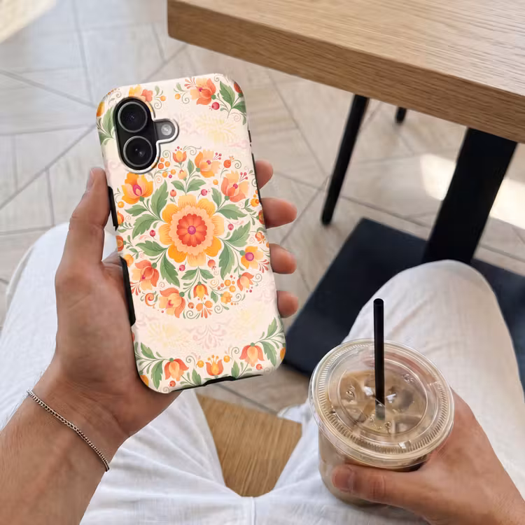 Bloemen - Patroon - Decoratief - Oranje Toughcase MagSafe Apple iPhone 17 klein -Sfeer1M