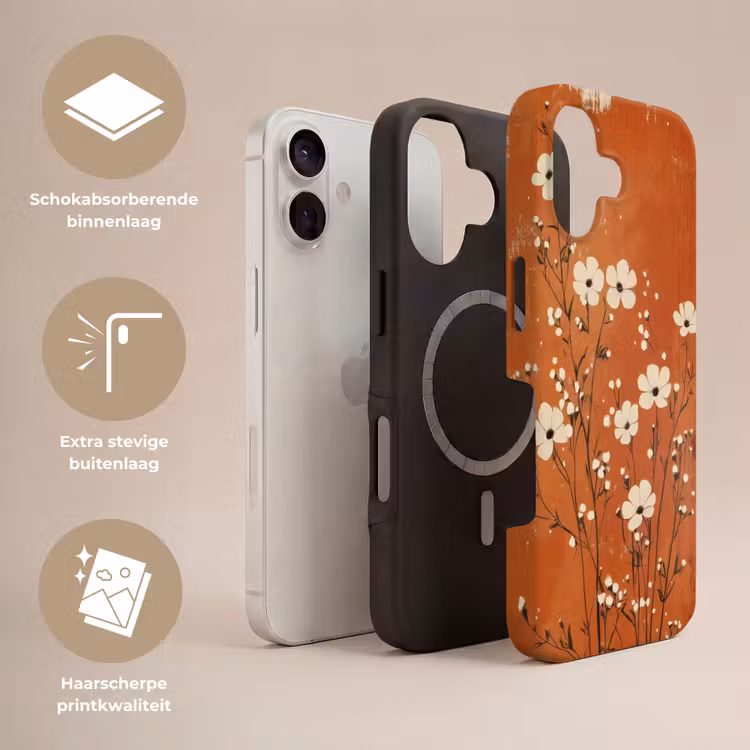 Bloemen - Wit - Subtiel - Roestkleur Toughcase MagSafe Apple iPhone 17 klein -USP_Lagen_NL