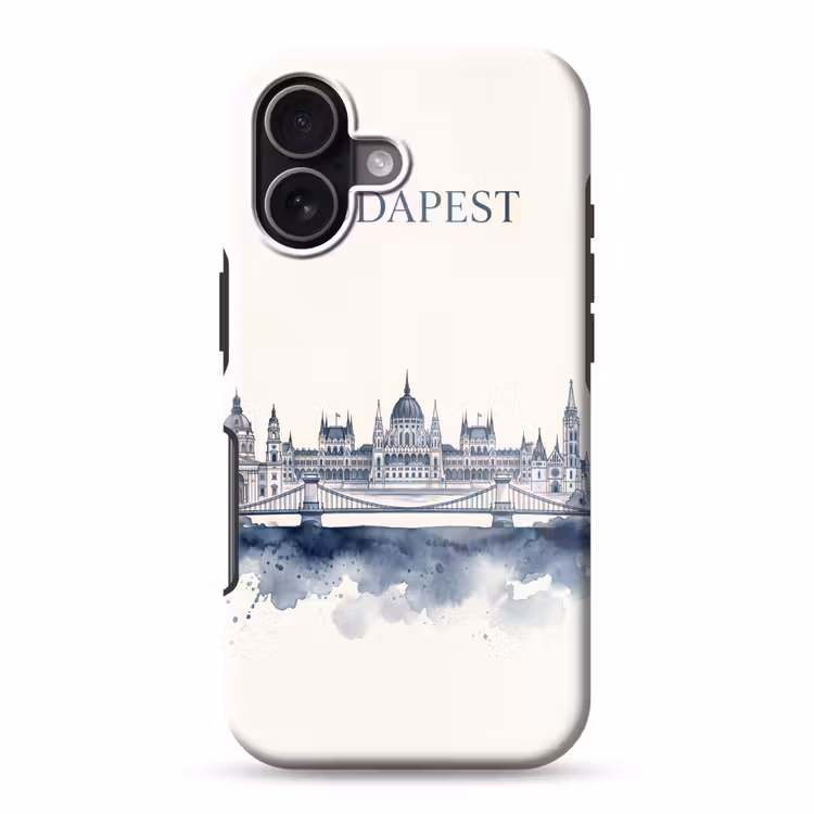 Boedapest - Skyline - Architectuur - Aquarel - Blauw Toughcase MagSafe Apple iPhone 17 klein -3d